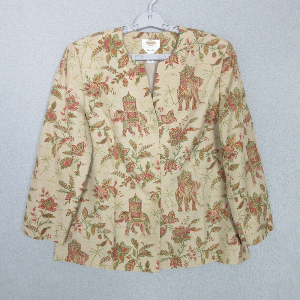 Talbots Jacket Womens Petite 12 Pure Silk Floral Elephant Print Lined Collarless